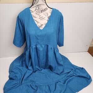 Women's Short Sleeve V-Neck Pleated Ruffle Flowy Blue Summer Dress size XL